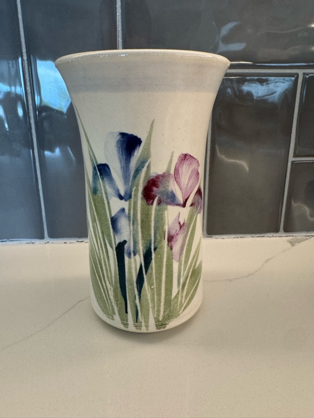 Vintage Handmade Studio Pottery Vase in Cream with Blue & Purple Iris Design